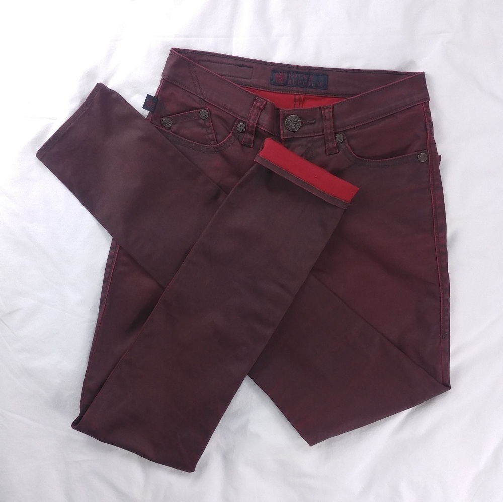 R&R Berlin | Maroon wax coated leather jeans